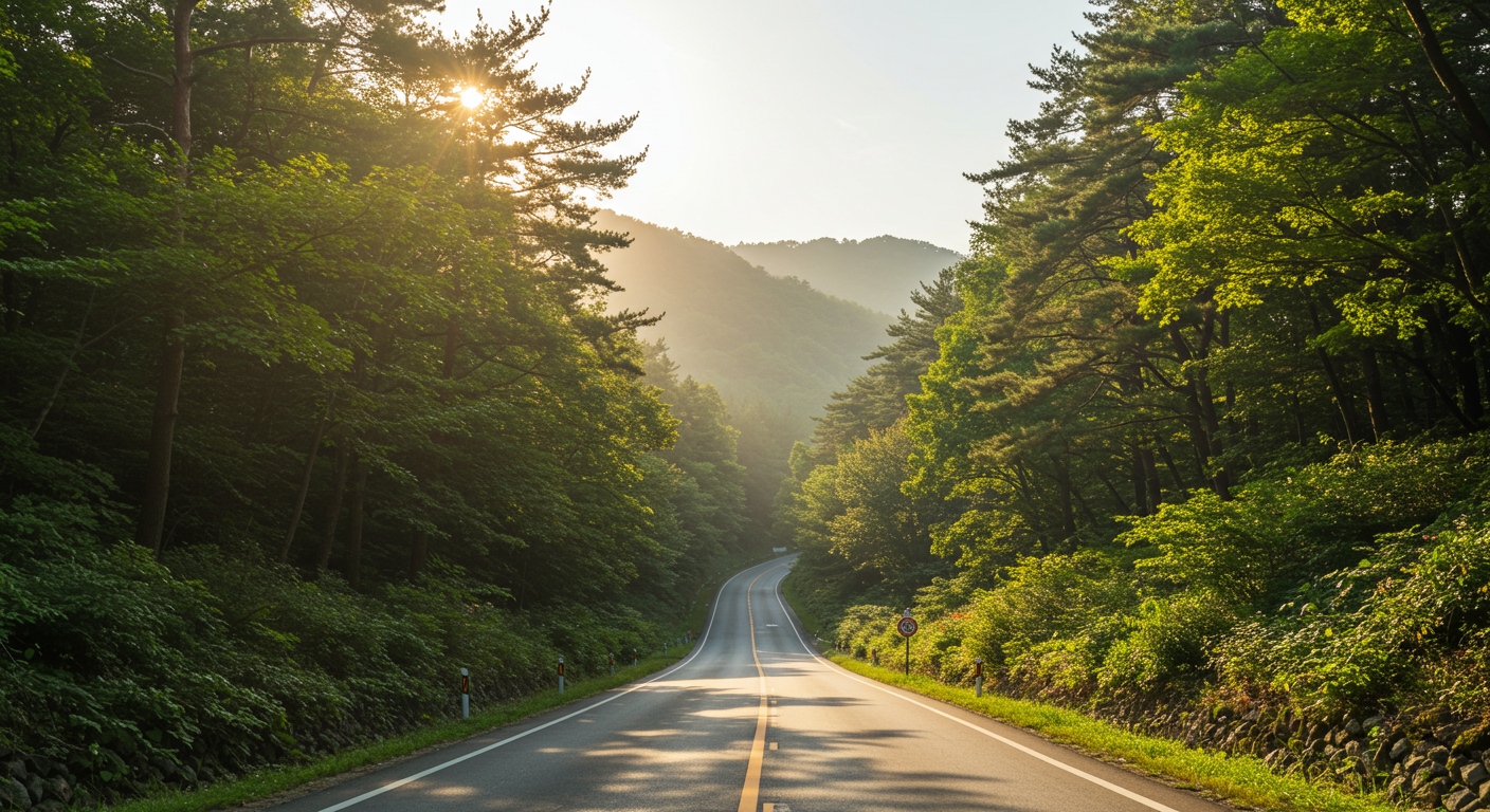 평창 숲길을 따라 달리는 차량과 계곡 풍경