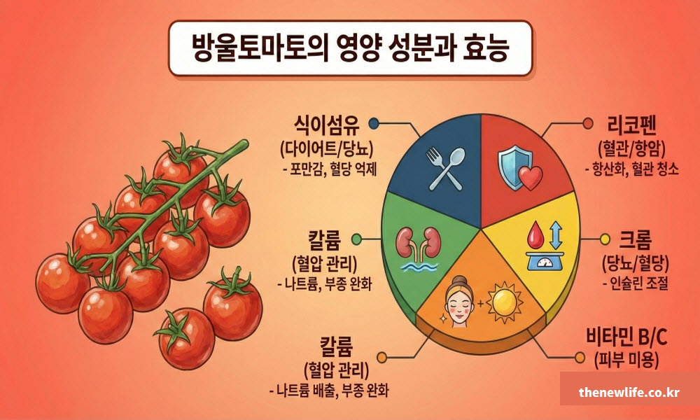방울토마토의 효능을 뒷받침하는 주요 영양 성분을 정리한 도표 이미지