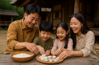 전통방식으로 떡을 만드는 가족모습