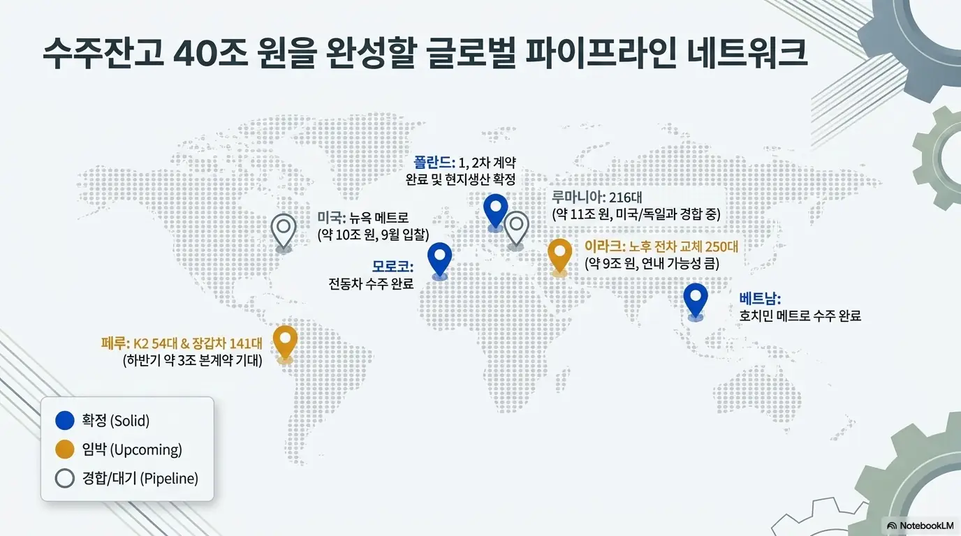 현대로템 주가 전망: 수주잔고 40조원을 완성할 현대로템의 글로벌 K2 전차&middot;철도 수주 파이프라인 세계 지도. 폴란드 현지생산 확정&amp;#44; 모로코&middot;베트남 철도 수주 완료&amp;#44; 페루&middot;이라크&middot;루마니아 K2 전차 수주 진행 단계와 미국 뉴욕 메트로 입찰을 확정&middot;임박&middot;경합으로 구분해 표시한 이미지. 