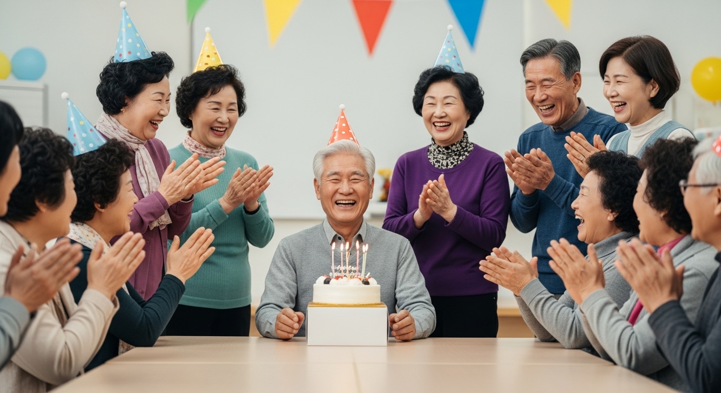 시니어 커뮤니티 친구들과 함께 생일을 축하받으며 행복해하는 70대
