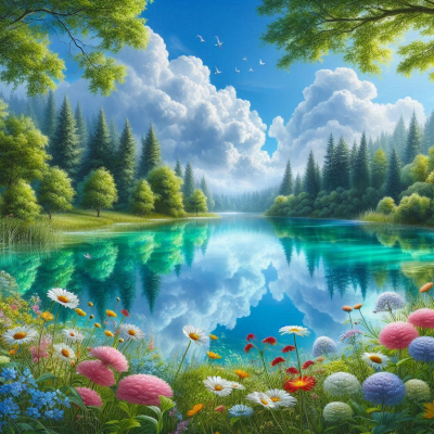 고요한 물과 푸른 숲의 자연 풍경을 보여주는 사진입니다. 물속의 반영이 아름답습니다.