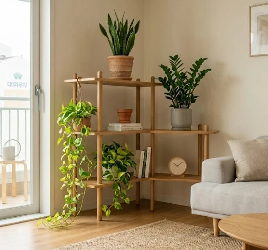 햇살이 비치는 거실 원목 선반 위에 스킨답서스, 산세베리아, ZZ플랜트 등 주 1회 관리로 살아남은 건강한 식물들이 정갈하게 배치된 모습