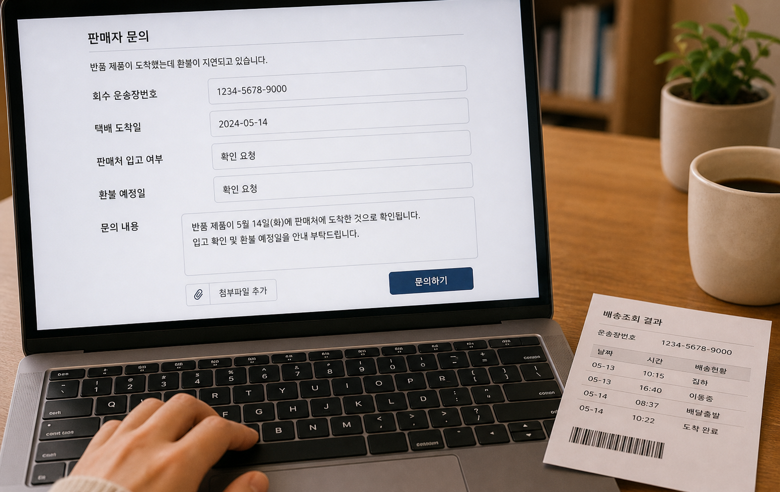 반품 상품 입고 여부와 환불 처리 예정일을 판매처에 문의하는 화면