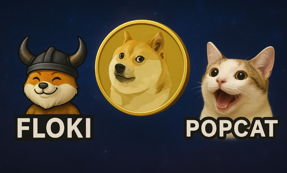 암호화폐 중 대표적인 밈코인 플로키, 도지, 팝캣 코인의 이미지 입니다.