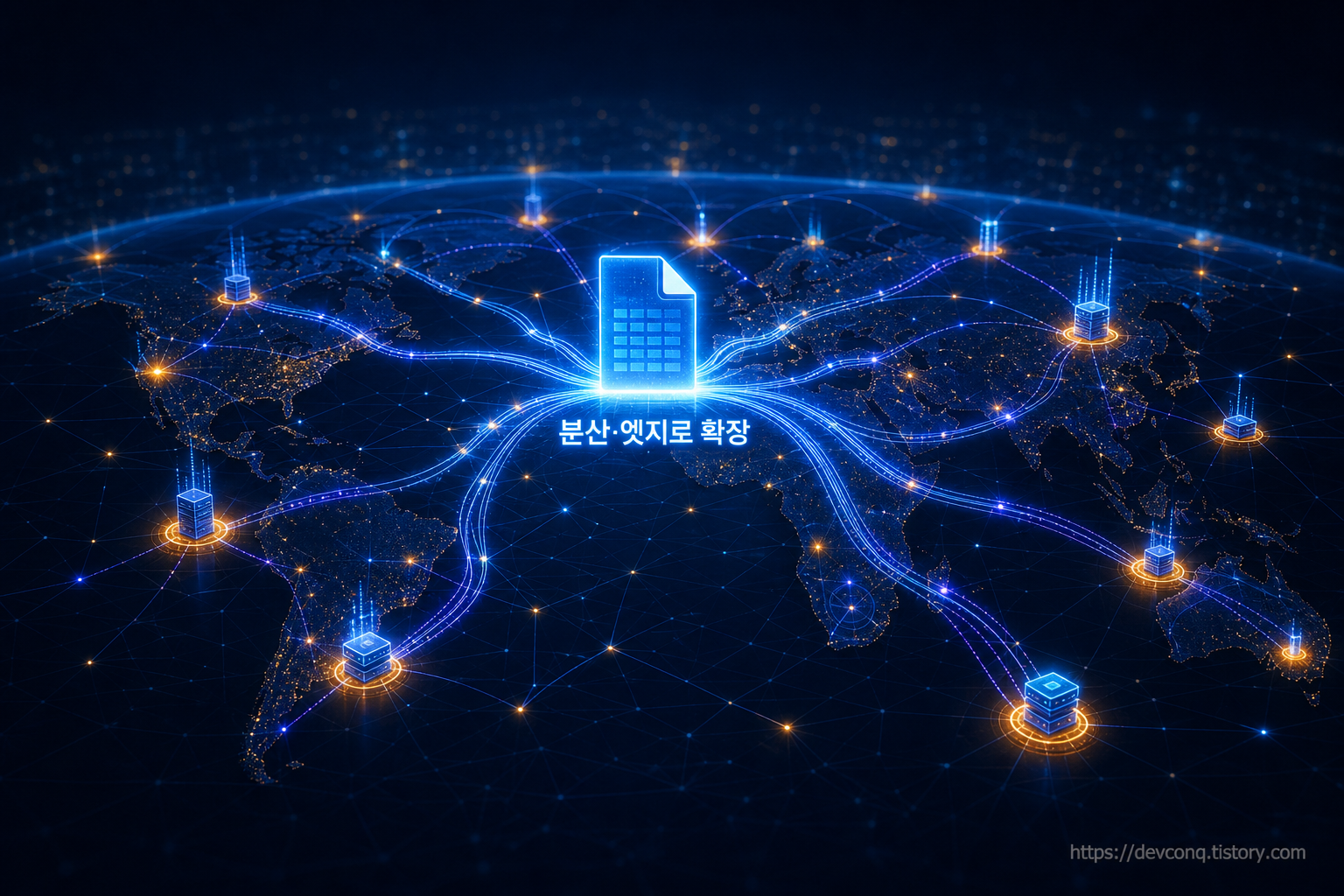 하나의 파일 아이콘에서 여러 갈래로 뻗어나가 전 세계 지도 위 여러 지점에 복제되는 엣지·분산 구조 일러스트, Turso와 D1이 SQLite를 분산으로 확장하는 흐름