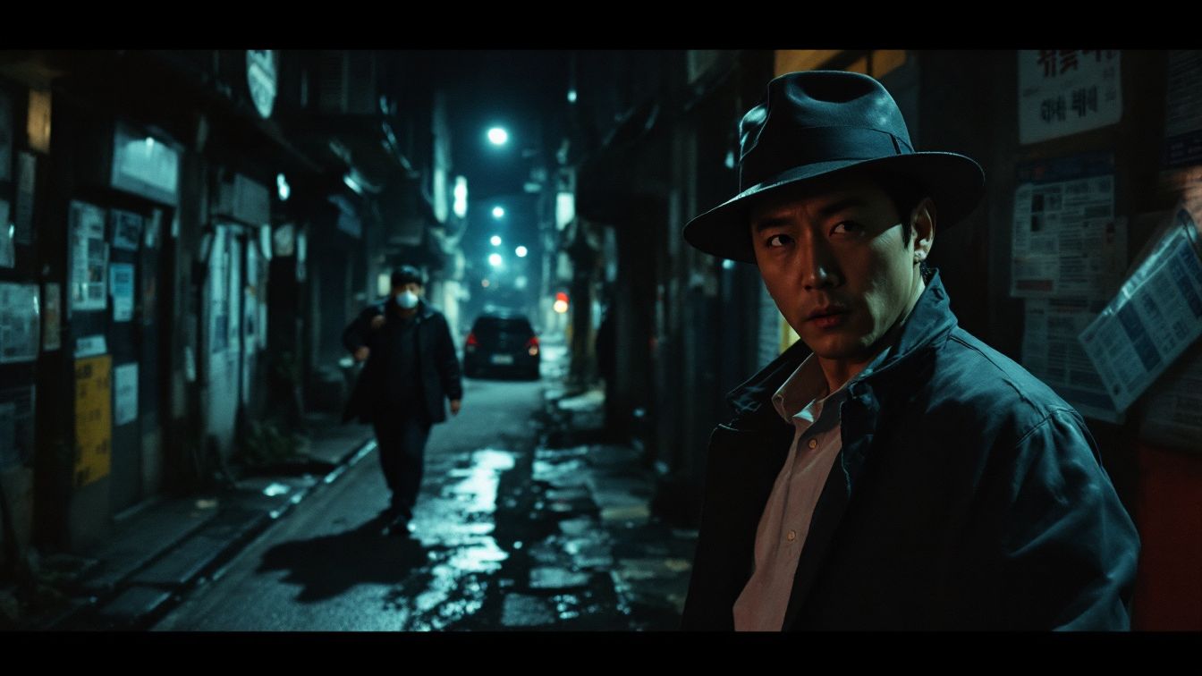 실화 기반 한국 범죄 영화에서 어두운 골목을 배경으로 용의자를 쫓는 형사의 긴박한 장면