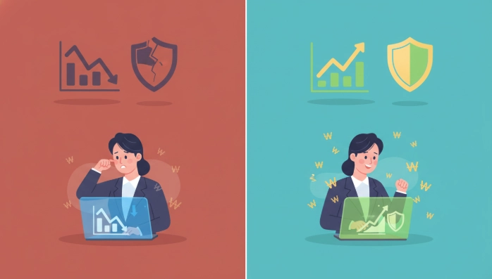 가업상속공제 사후관리 위반과 지원금 환수 리스크가 겹치는 이중 부담 상황과 이를 성공적으로 관리하여 안정적인 상태를 유지하는 모습을 대비시킨 이미지