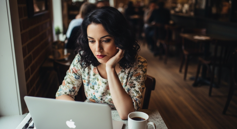 빈티지한 카페에서 노트북으로 작업하는 크리에이티브한 여성의 모습
