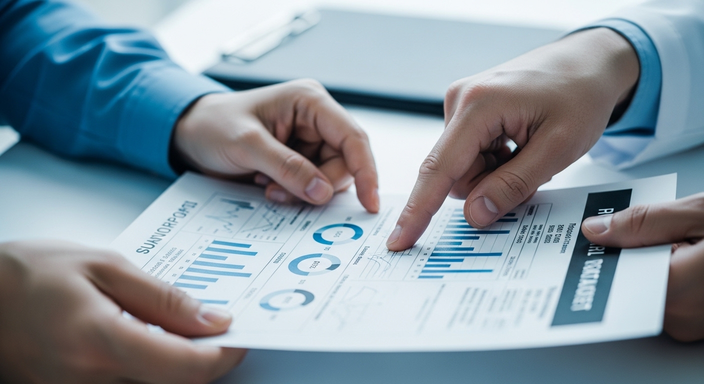 의사가 환자의 건강검진 결과지를 짚어가며 설명하고 있는 모습. 복잡한 수치와 그래프가 보인다.