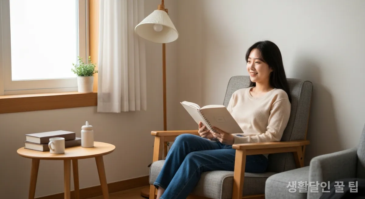 아늑한 거실에서 플래너를 보며 미소 짓는 한국 여성