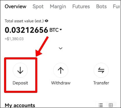 Assets 탭 내에서 Deposit 버튼을 가리키는 사진