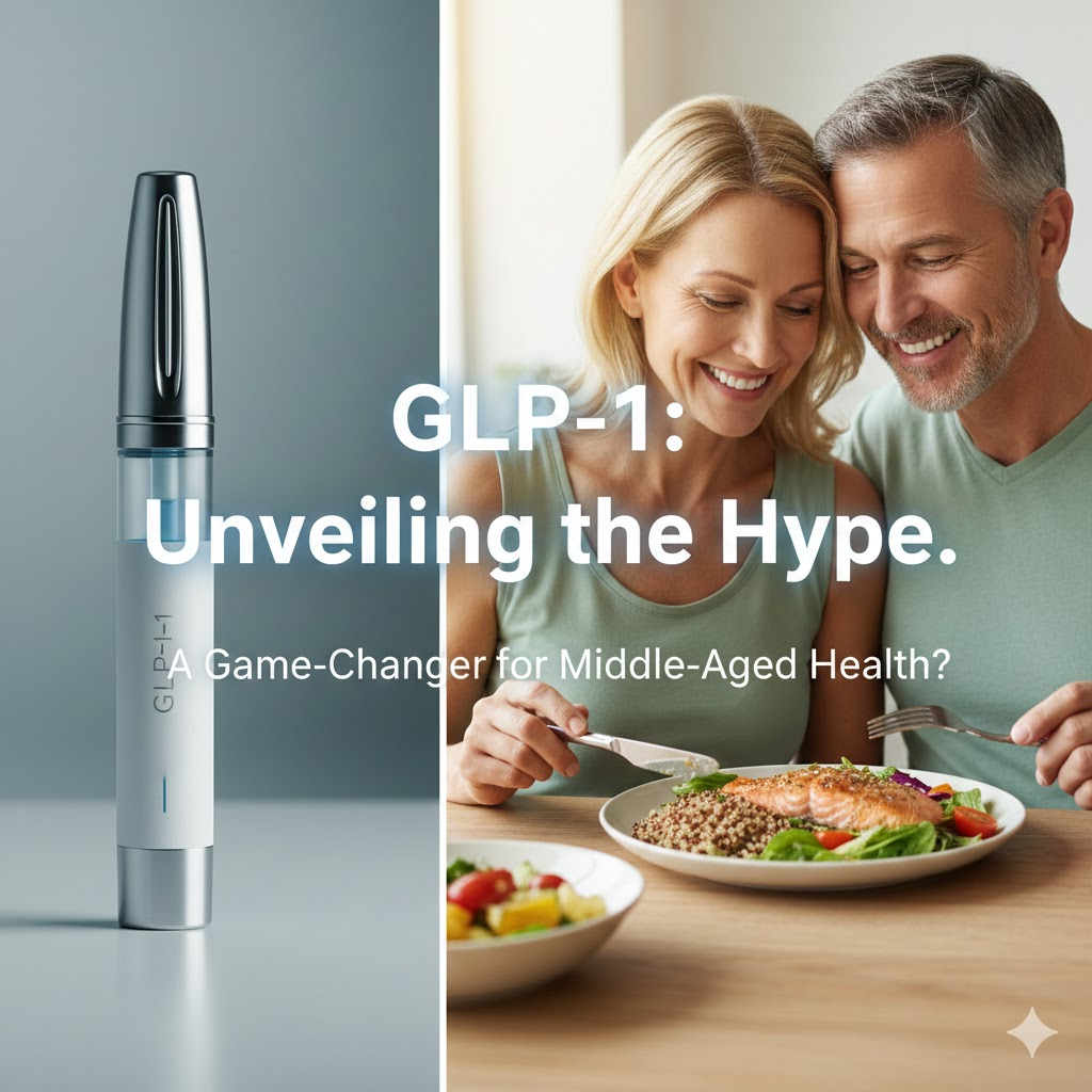 세련된 약병 이미지나 건강한 식단을 즐기는 중년의 모습 위로 'GLP-1, 그것이 알고 싶다'라는 문구 삽입