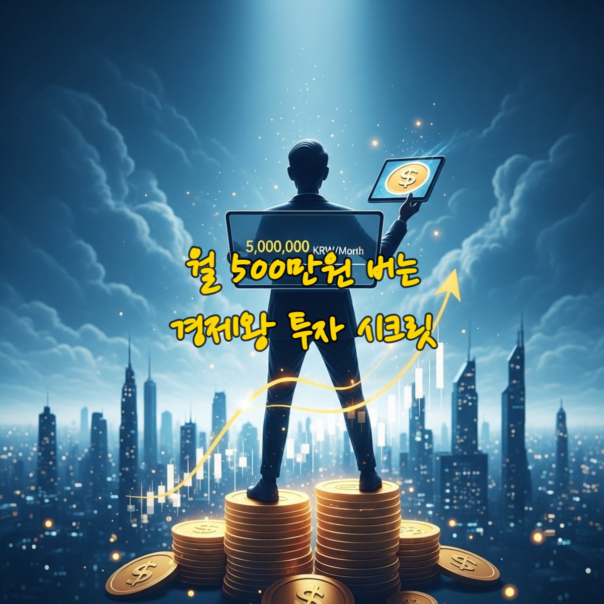 자동화된 투자 시스템으로 매달 500만원을 벌어 경제적 자유를 이룬 사람의 모습을 표현한 이미지
