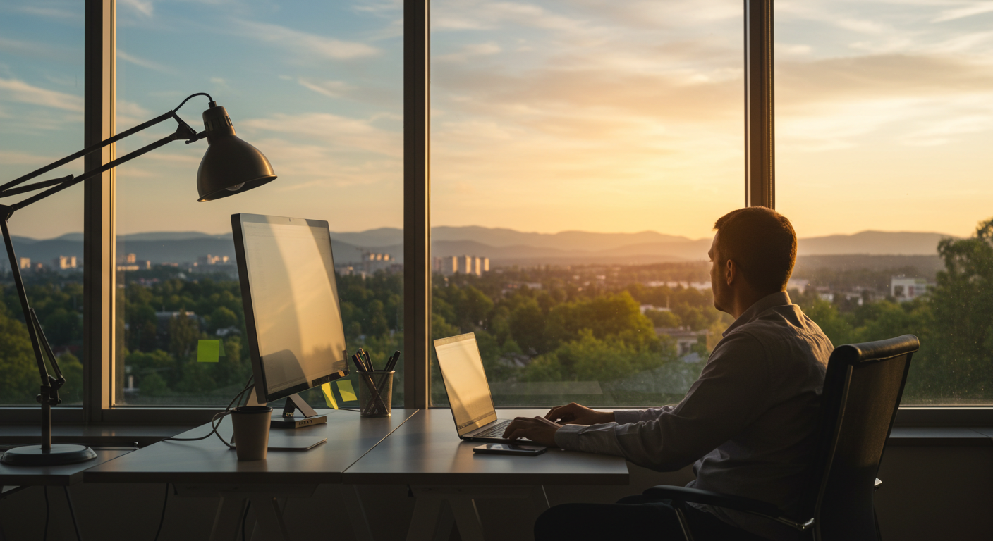 컴퓨터 작업 중 창밖 풍경을 바라보며 눈을 쉬고 있는 직장인의 모습, 따뜻한 황금빛 노을이 비치는 사무실 풍경
