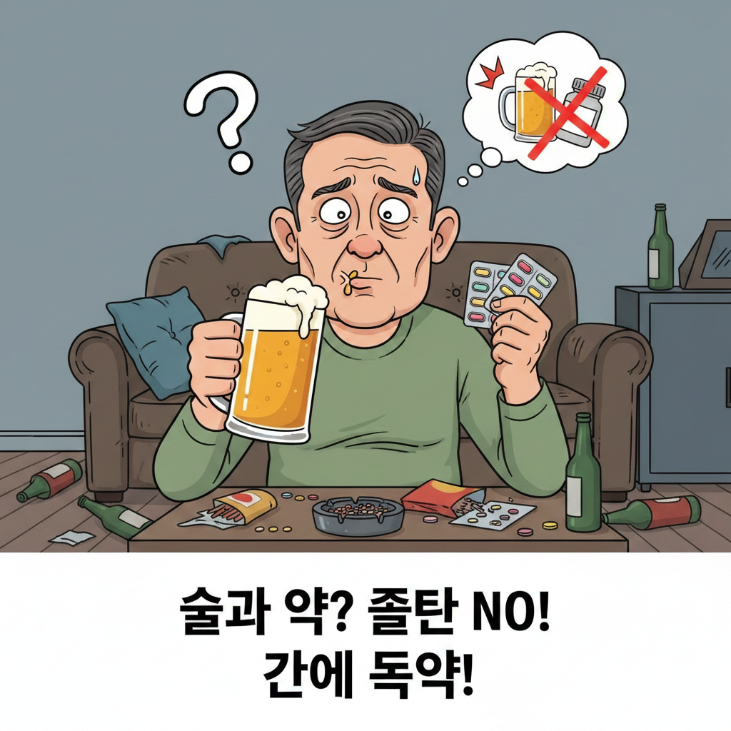 술과 약을 먹으려는 멍청한 아저씨 그림