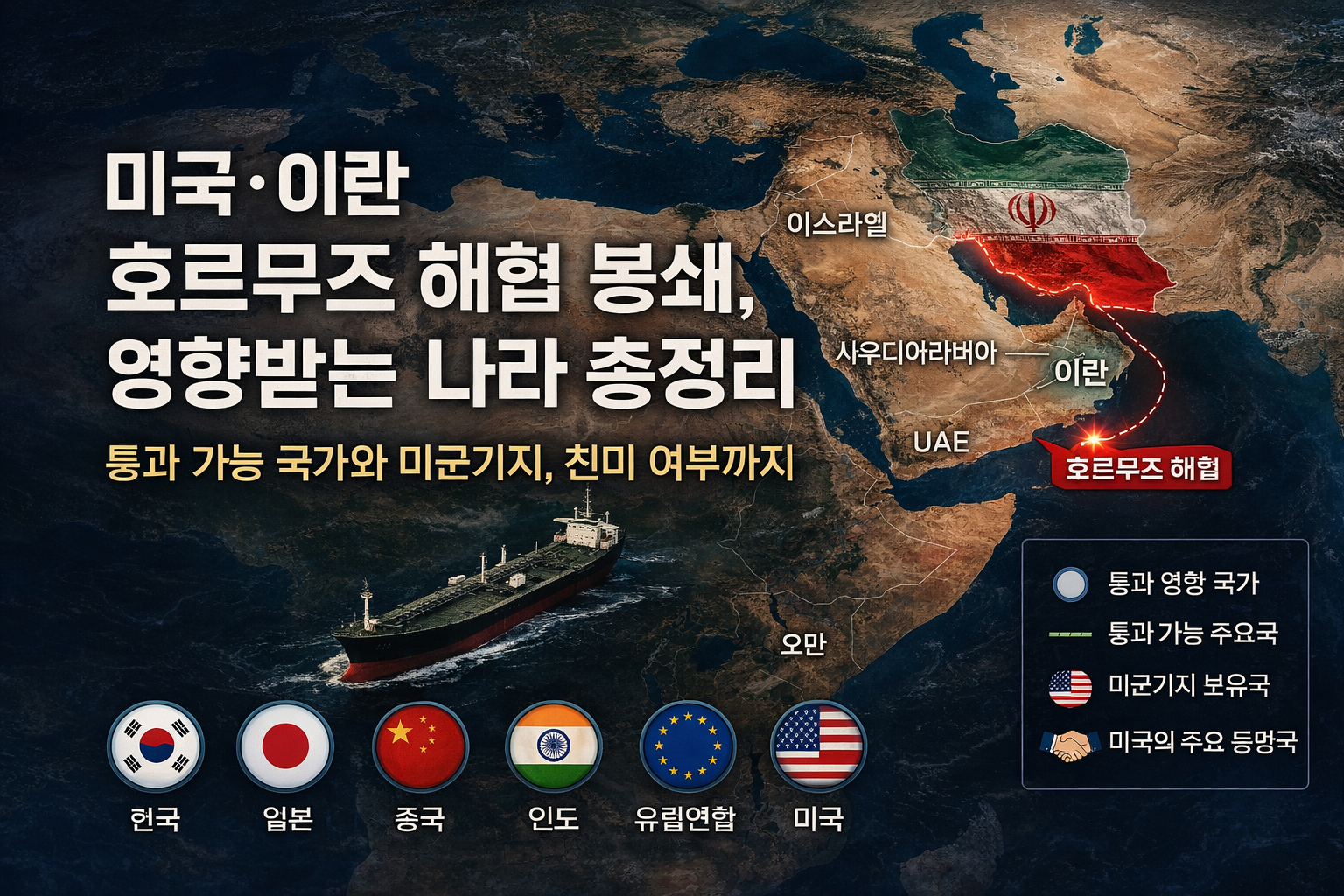 미국·이란 호르무즈 해협 봉쇄, 영향받는 나라 총정리|통과 가능 국가와 미군기지 친미 여부까지