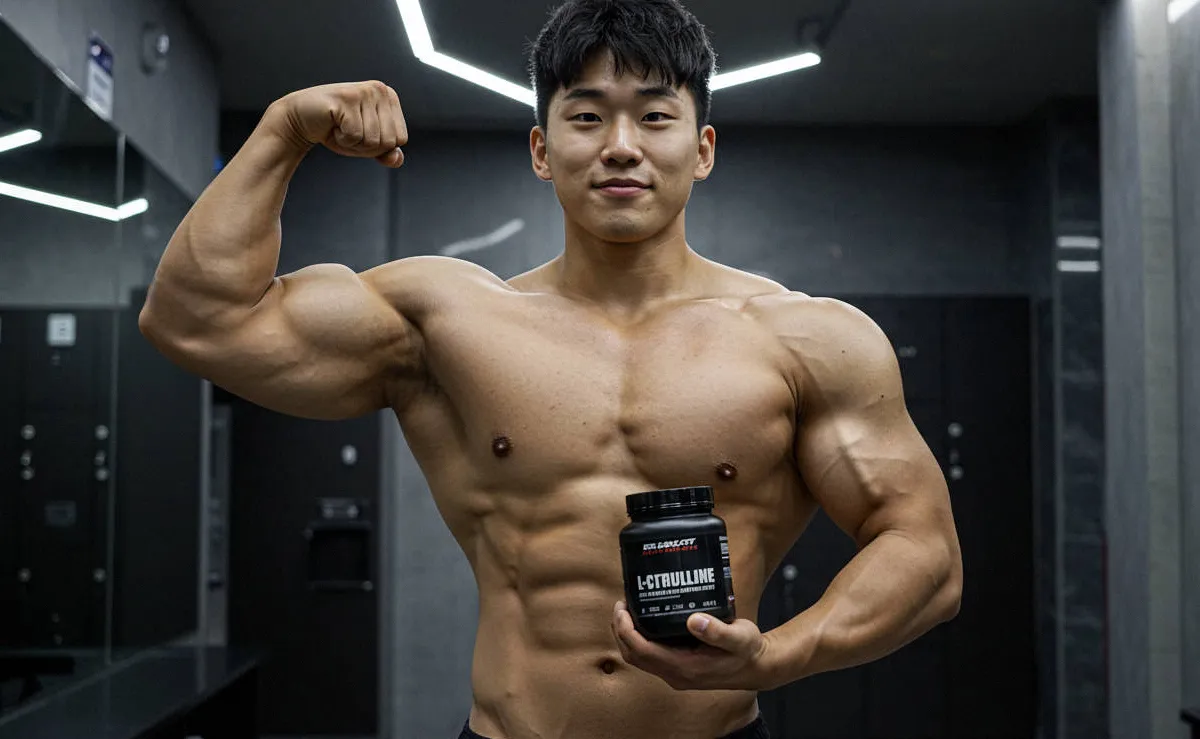 락커룸에서 L-시트룰린 보충제를 들고 이두근을 강조하는 보디빌더