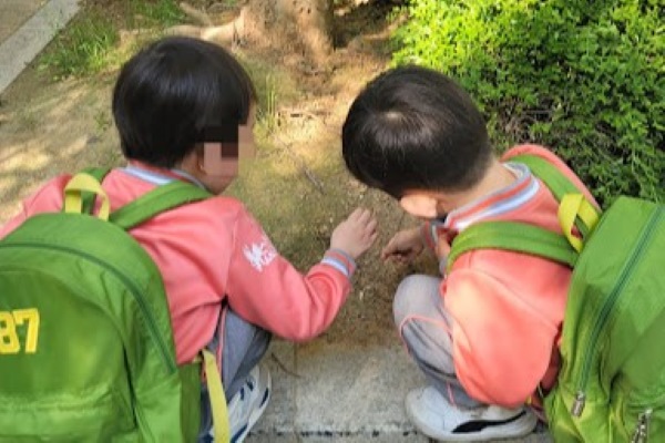 주황색 활동복을 입은 두 아이가 나란히 앉아 개미집을 관찰하며 병행놀이를 하는 모습.