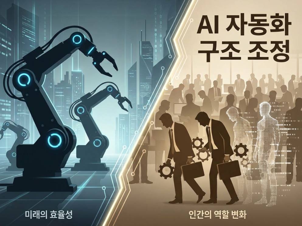 로봇 팔과 사무직 실루엣이 대비되는 AI 자동화 구조조정 개념 일러스트