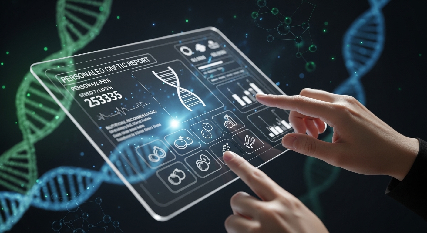 개인 유전자 분석 결과와 맞춤 영양제 추천이 담긴 미래형 디지털 건강 보고서.