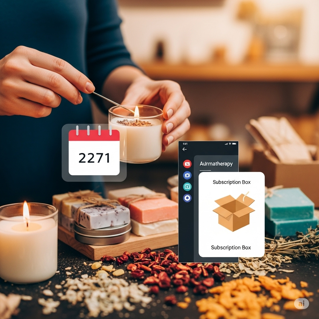 아로마 오일과 DIY 재료를 사용하여 수공예 제품을 만드는 모습과 디지털 요소를 결합하여 공유/구독 모델의 혁신적인 가능성을 보여줍니다.