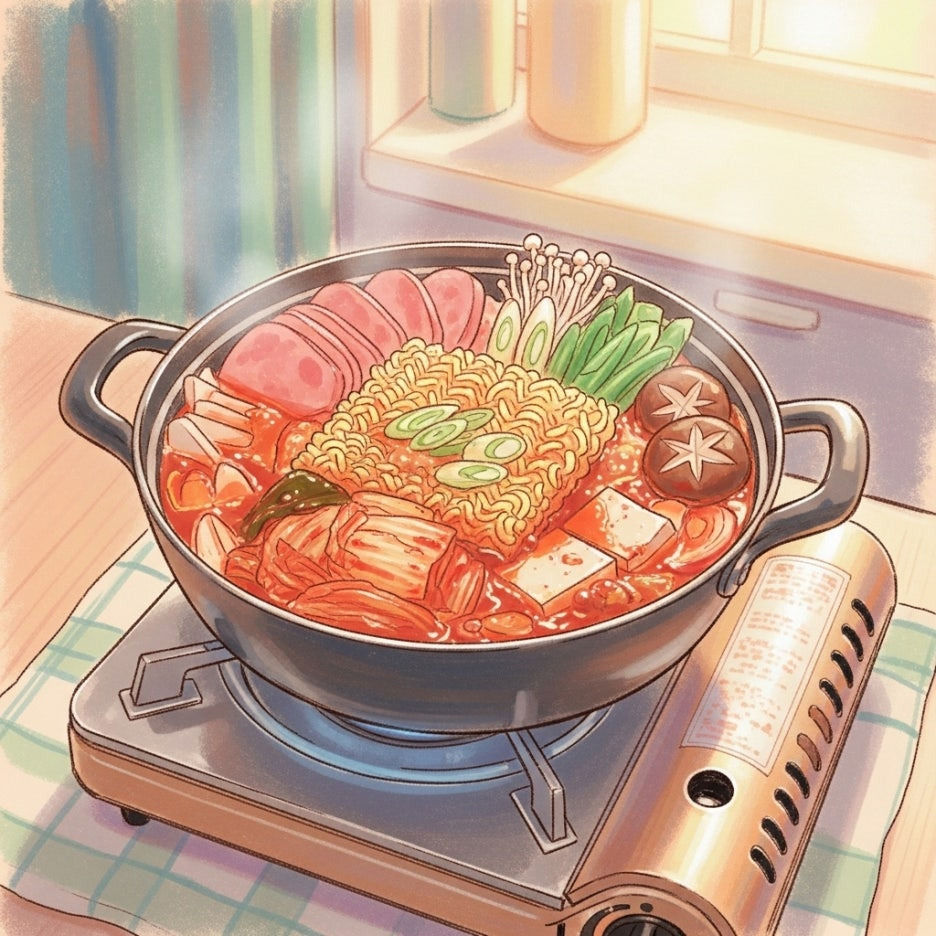 테이블 위에서 보글보글 끓는 정겨운 부대찌개