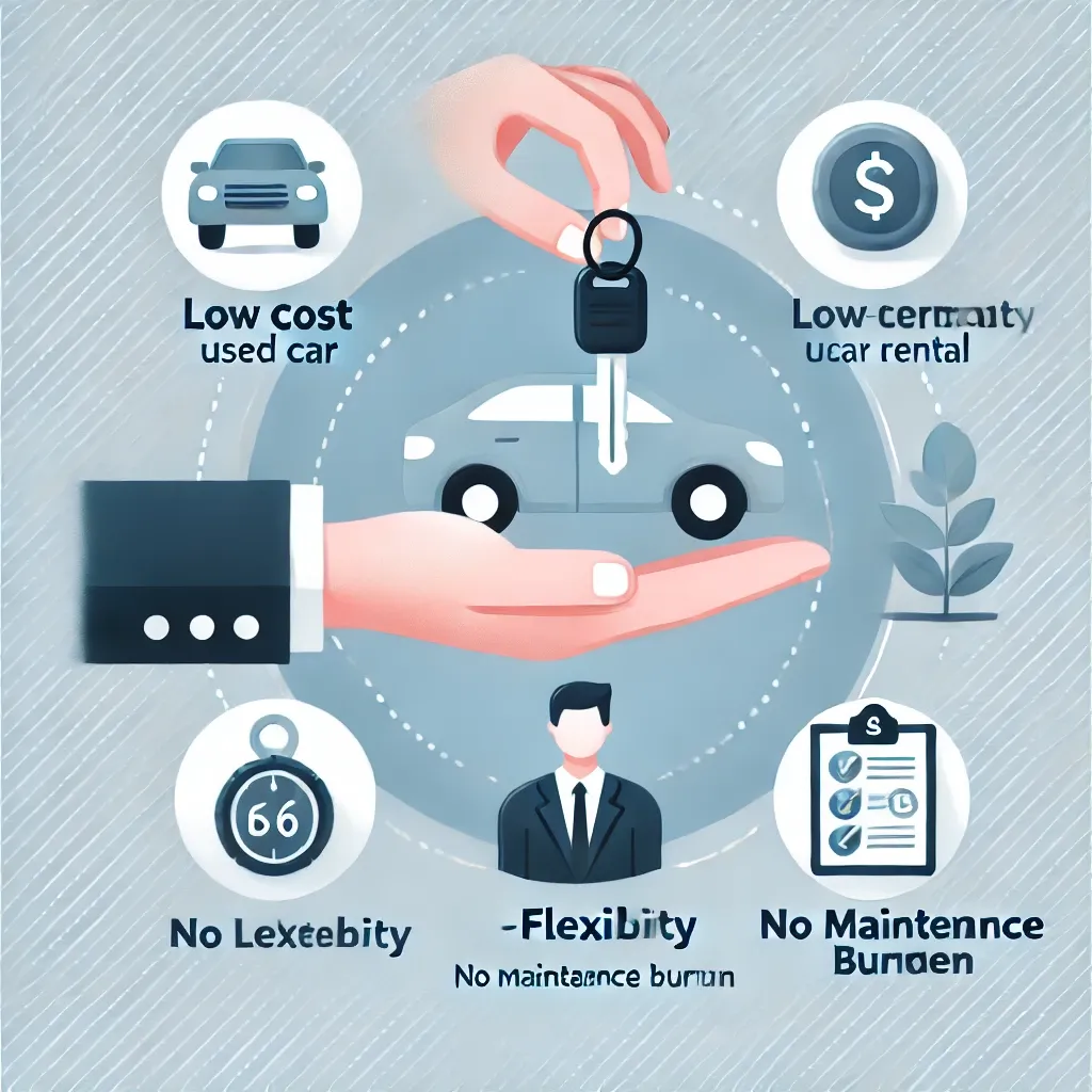 중고차 장기 렌트의 낮은 비용, 유연성, 유지비 절감 장점을 나타낸 인포그래픽