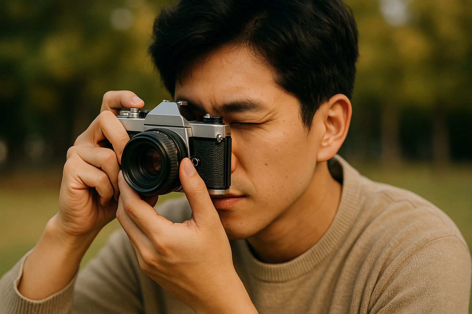 필름카메라로 사진을 찍고 있는 남성