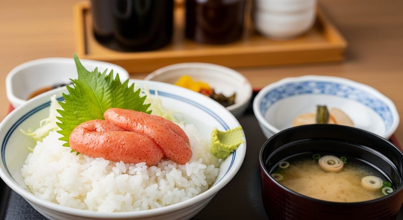 후쿠오카 현지 식당의 명란 정식 클로즈업. 신선한 명란젓과 갓 지은 밥, 정갈한 밑반찬이 어우러져 군침을 돌게 하는 모습.