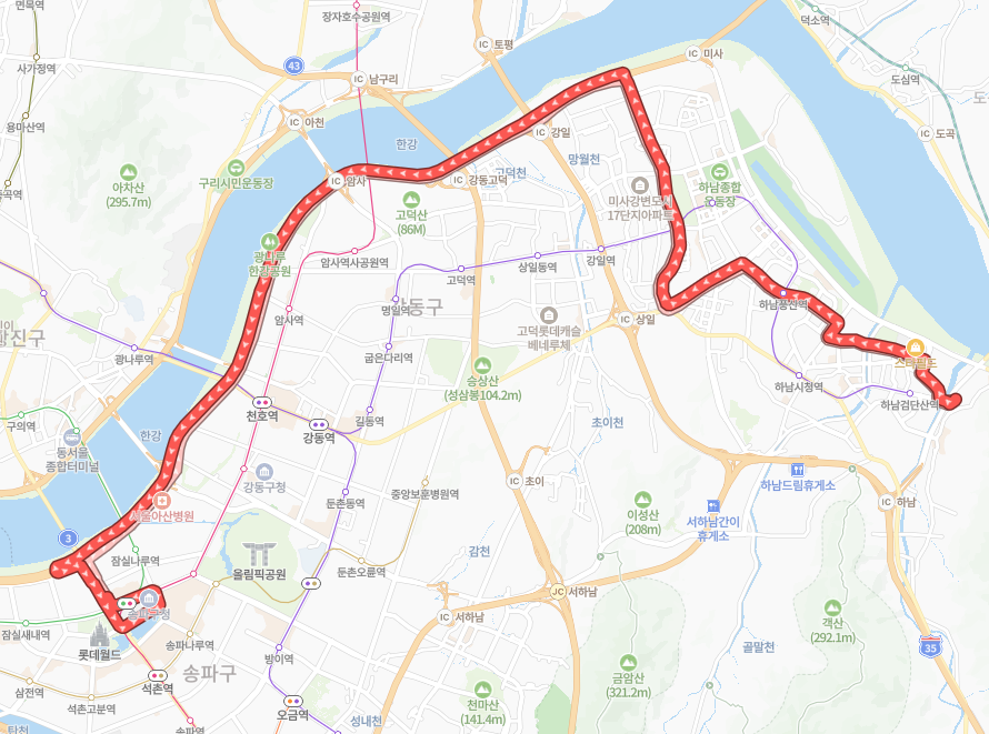 서울-하남-9303-1번-버스-노선-지도