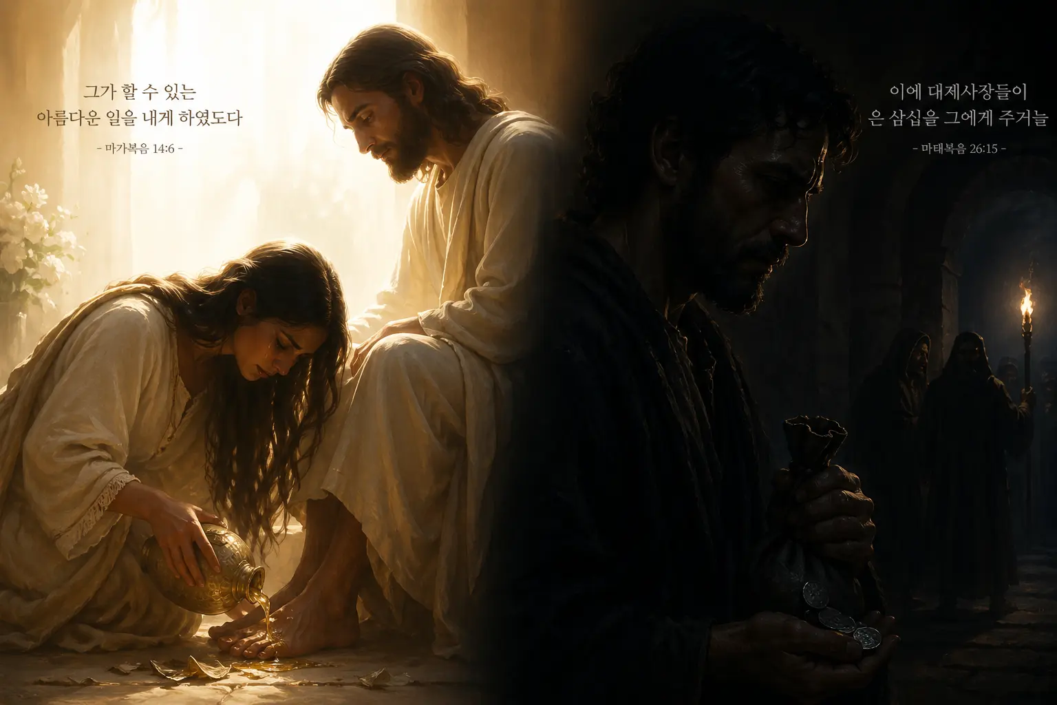 예수님께 모든 것을 드린 여인과 예수님 버려 은 30을 취한 유다