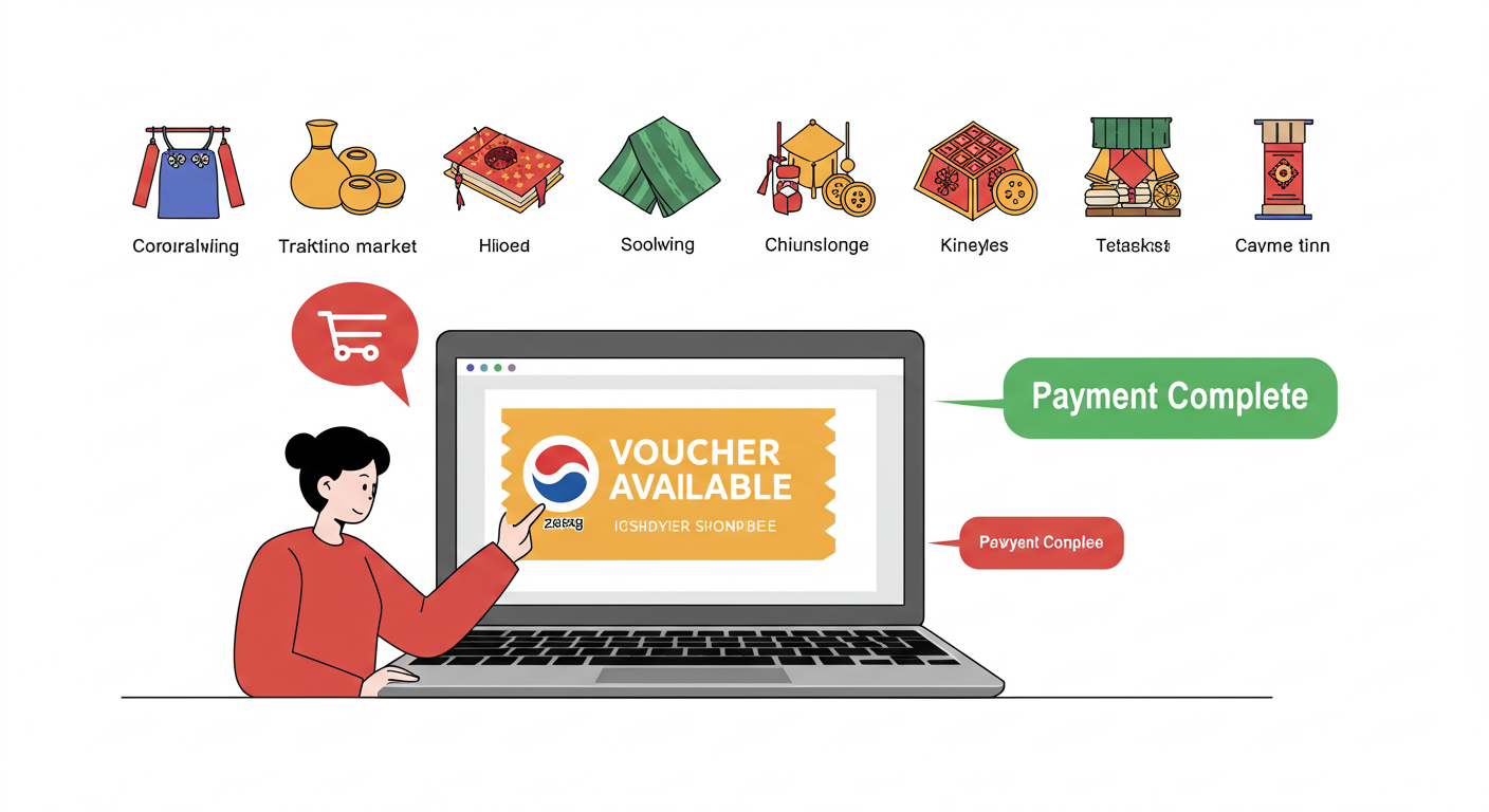 소비쿠폰으로 온라인 쇼핑몰에서 결제하는 장면을 보여주는 일러스트