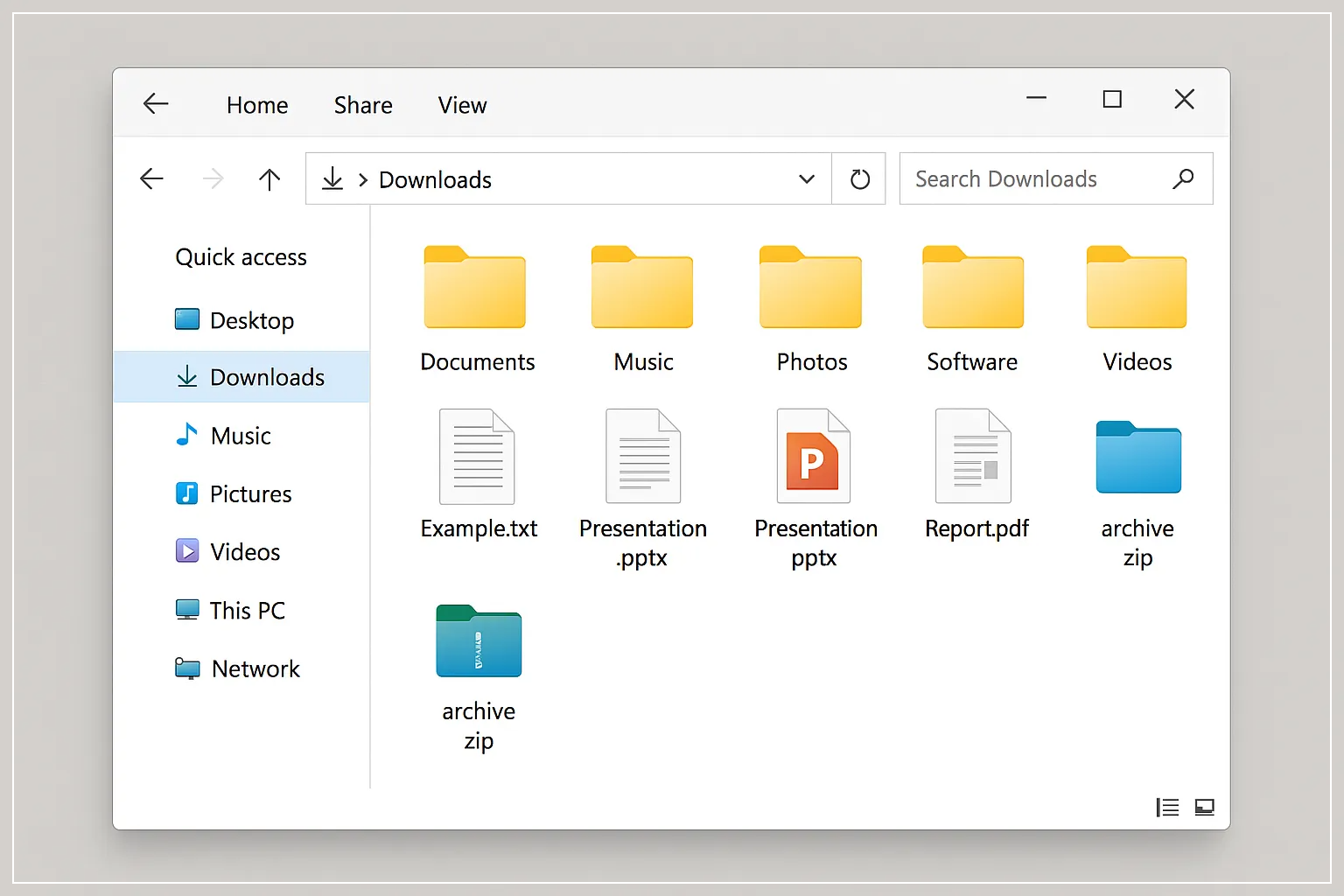 윈도우 파일 탐색기에서 다운로드 폴더가 폴더와 파일별로 깔끔하게 분류된 모습