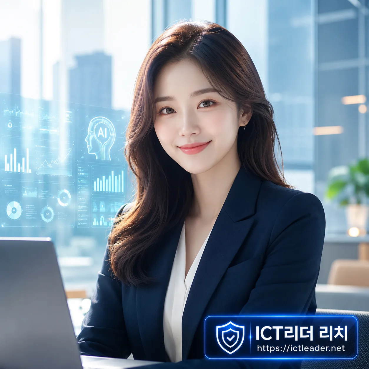 AI 업무 효율 향상을 상징하는 텍스트 없는 대표 썸네일, 프리미엄 오피스에서 AI 대시보드를 확인하는 여성 이미지