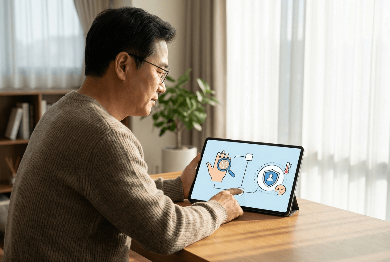 아연 결핍 증상 자가진단 체크리스트, 손톱 흰 반점과 면역력 저하 신호를 나타낸 도식