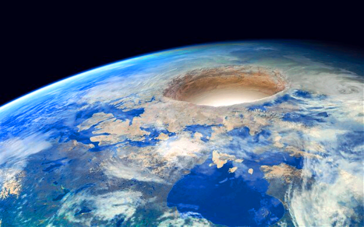 지구 내부가 비어 있고 북극과 남극에 입구가 있다는 지구공동설 이론의 개념도