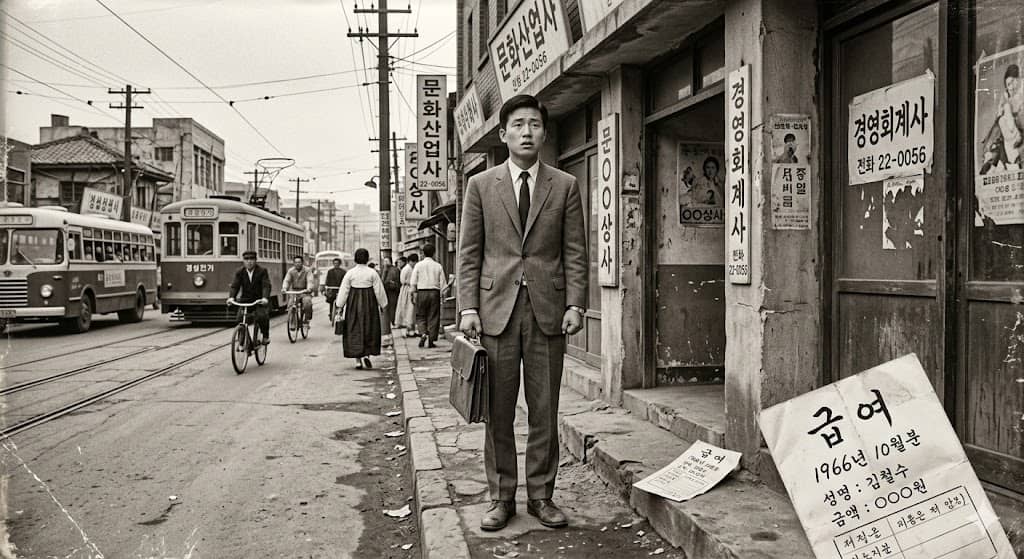 [1966년 경제개발 시대 대졸 신입사원 첫 출근 모습과 임금명세서] 파일명: 1966_korea_graduate_first_salary.jpg Alt 태그: "1966년 병오년 한국 경제개발 시대 대졸 초임 6000원 신입사원 첫 월급 봉투와 직장생활 시작"