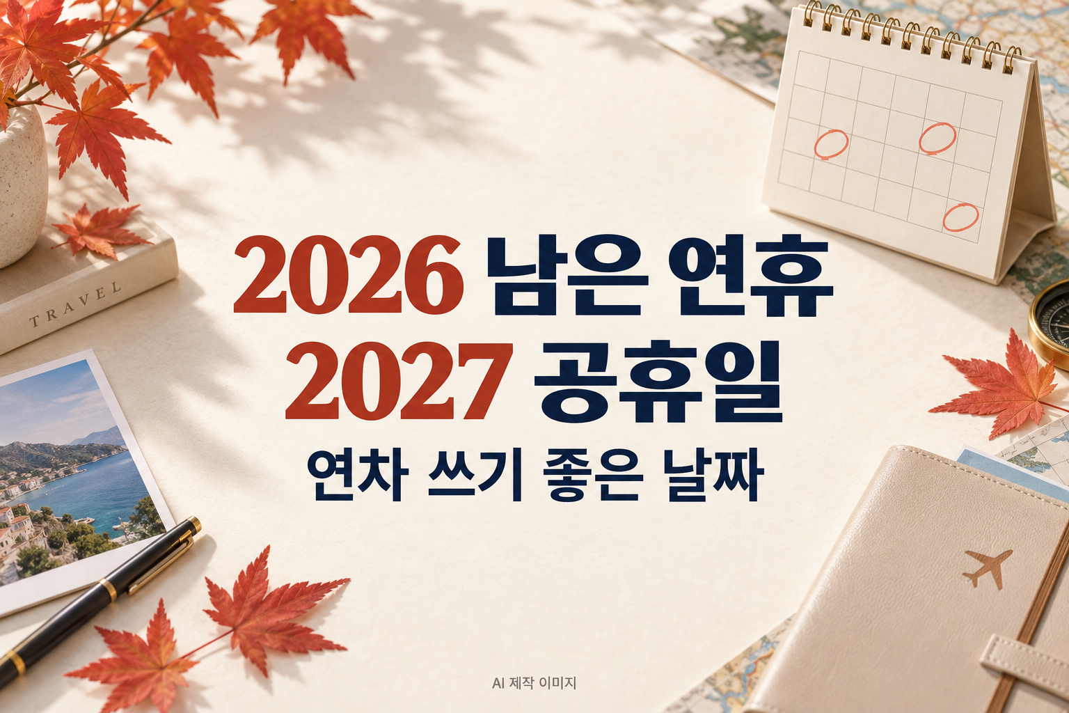 2026년 남은 연휴와 2027년 대한민국 공휴일, 연차 쓰기 좋은 날짜를 소개하는 AI 제작 표지.