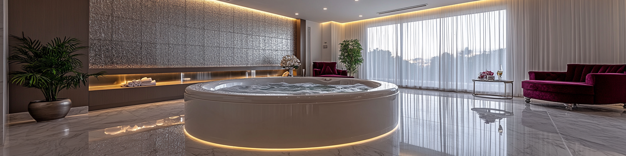 A luxurious jacuzzi room with a freestanding circular white jacuzzi featuring silver trim and maroon accents. The walls are soft white with a silver textured accent wall. The floor is polished gray marble with subtle silver veining, adding a sleek, modern touch. Above the jacuzzi, a custom recessed ceiling is lit with soft ambient lighting, featuring maroon and silver details. Surround the jacuzzi with small potted maroon and white flowers in silver planters. A sleek silver towel rack holds maroon towels, and a small side table with a maroon velvet top and silver legs holds a glass of champagne and scented candles. Large floor-to-ceiling windows with sheer white curtains reveal the green mountain landscape