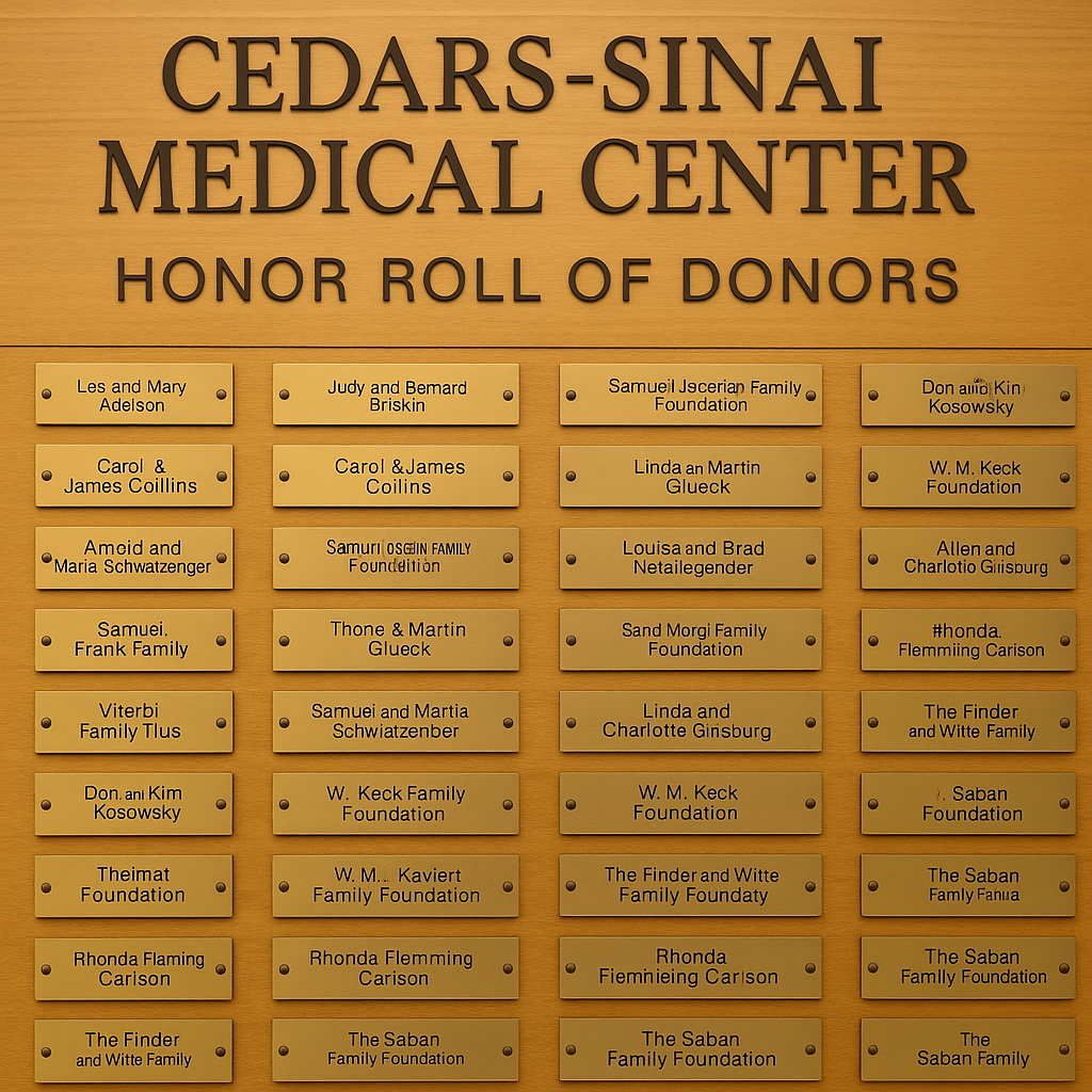 Cedars-Sinai Medical Center 기부자 명단. 황금색 금속 명판에 주요 기부자 가족과 재단의 이름이 새겨져 있으며, 병원 벽면에 고급스럽게 전시된 모습이다.