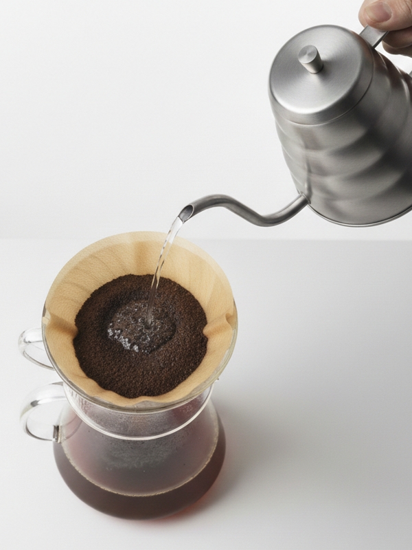 강배전 추출, 가운데로 물을 붓되 옆으로 물이 흘러넘치지 않게 물을 붓는 모습