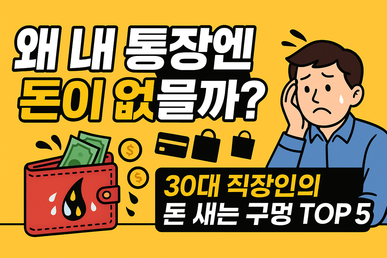 30대 직장인이 걱정하는 모습과 돈이 새는 통장 일러스트, 재테크 경고 메시지 포함
