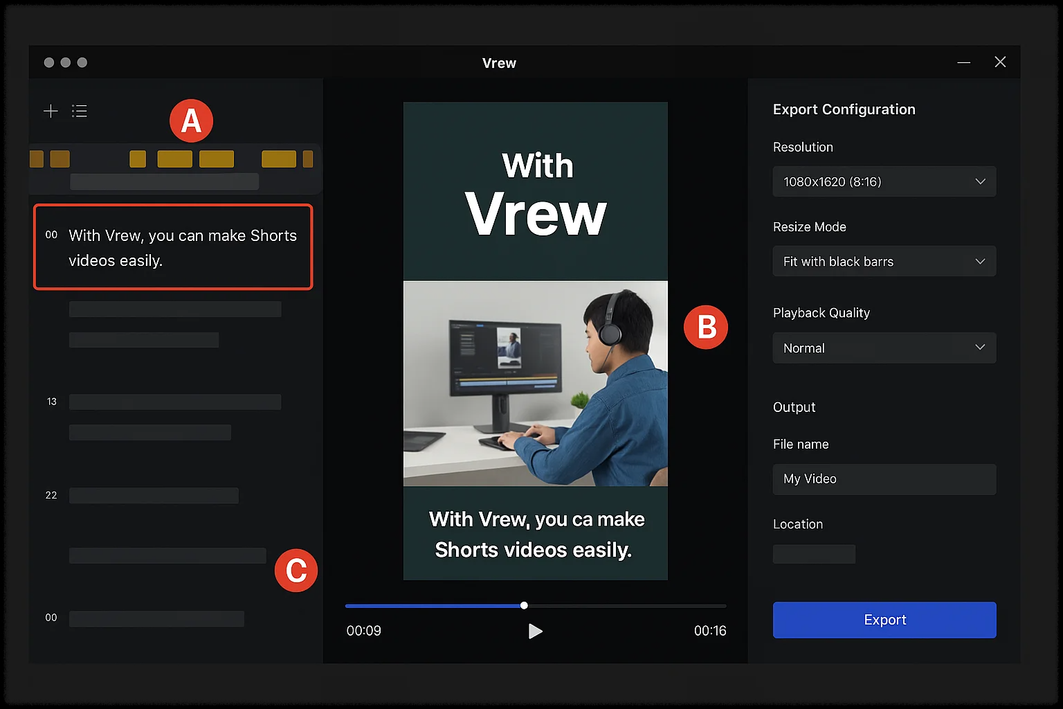 Vrew 쇼츠 영상 편집 인터페이스