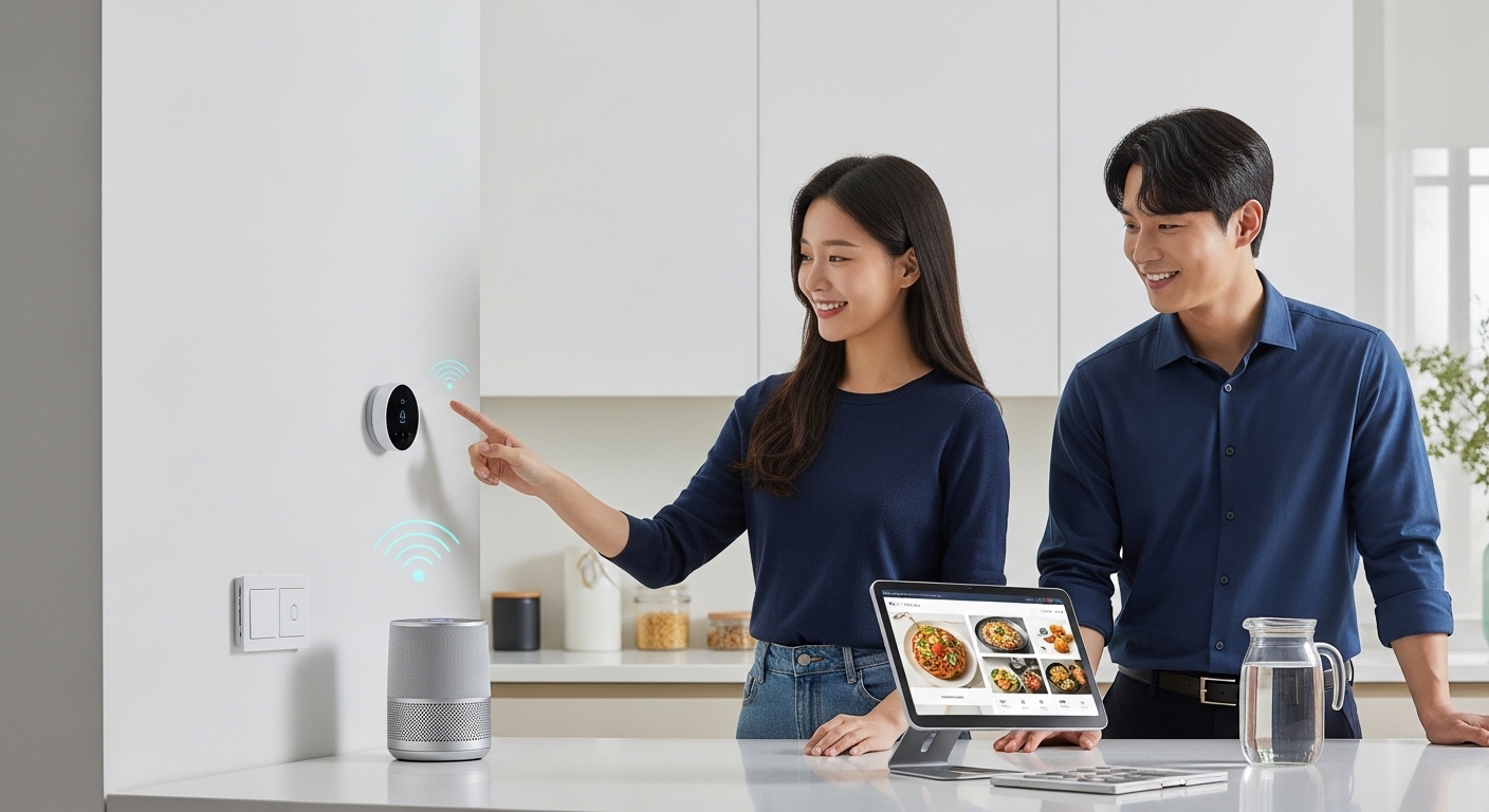 한국인 부부가 AI 스마트홈 시스템을 활용하여 에너지 효율을 관리하는 모습