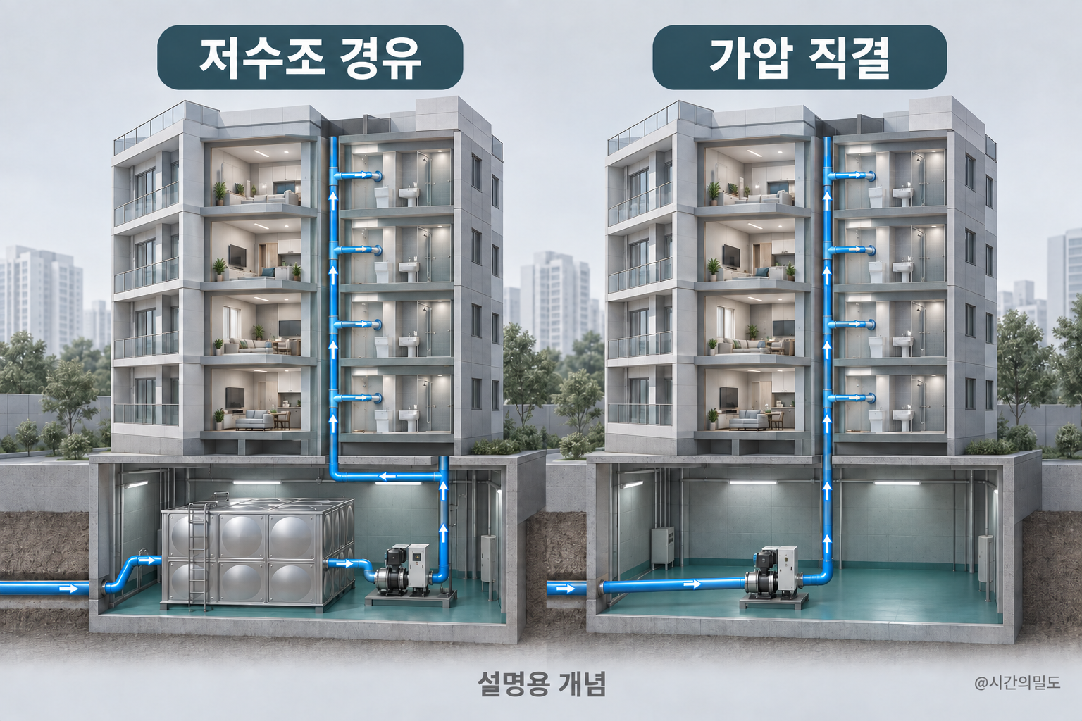 같은 규모의 가상 공동주택에서 저수조를 거치는 공급과 저수조 없이 펌프로 공급하는 가압직결 경로를 비교한 설명 그림