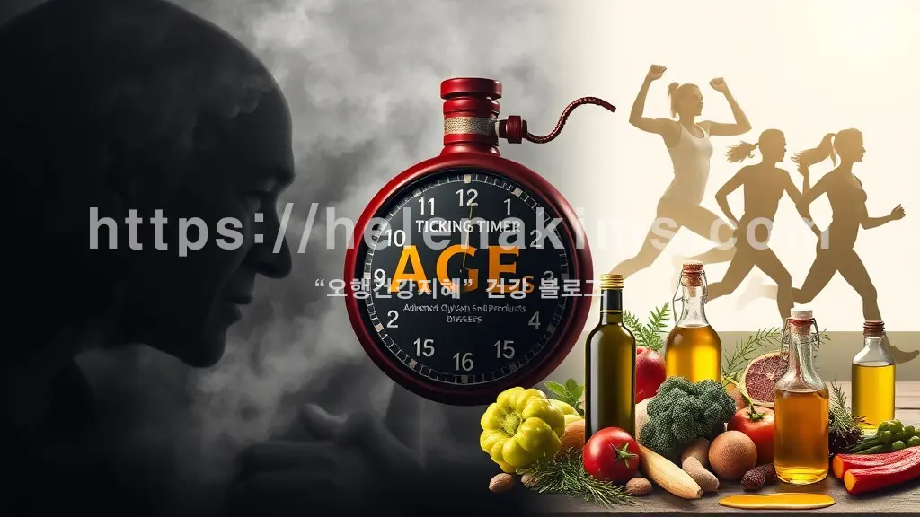 '당독소(AGEs)' 이미지를 중앙에 배치하고, 한편에는 노화와 만성질환을 상징하는 어두운 그림자를, 다른 한편에는 신선한 제철 식재료(채소, 과일, 올리브유)와 활기찬 운동하는 모습.