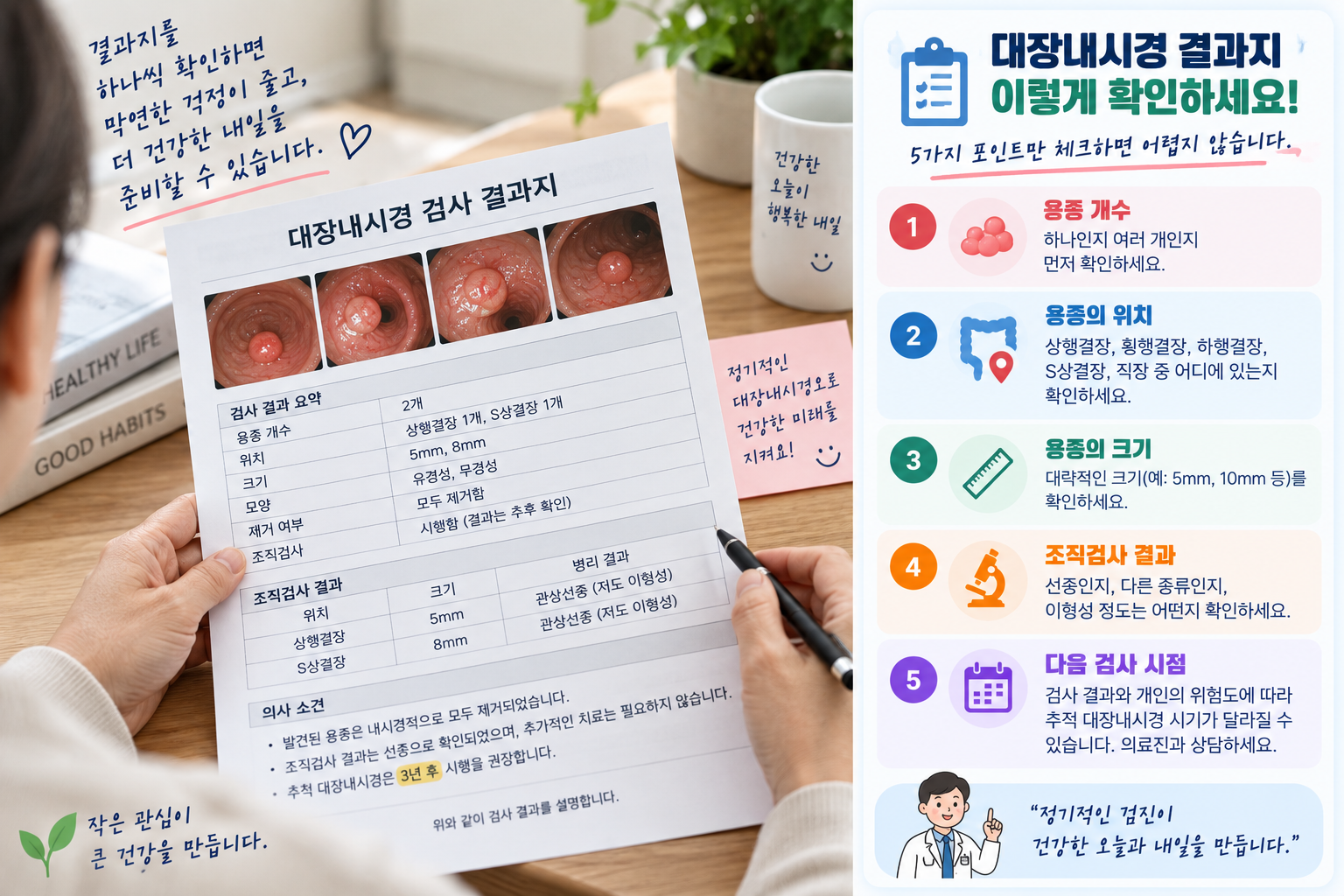 용종 제거 뒤 내시경 소견·조직 결과·다음 검사 시점을 확인하는 결과지 예시 그림