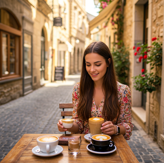유럽 여행을 온 여성이 여러 커피를 고르고 있는 모습