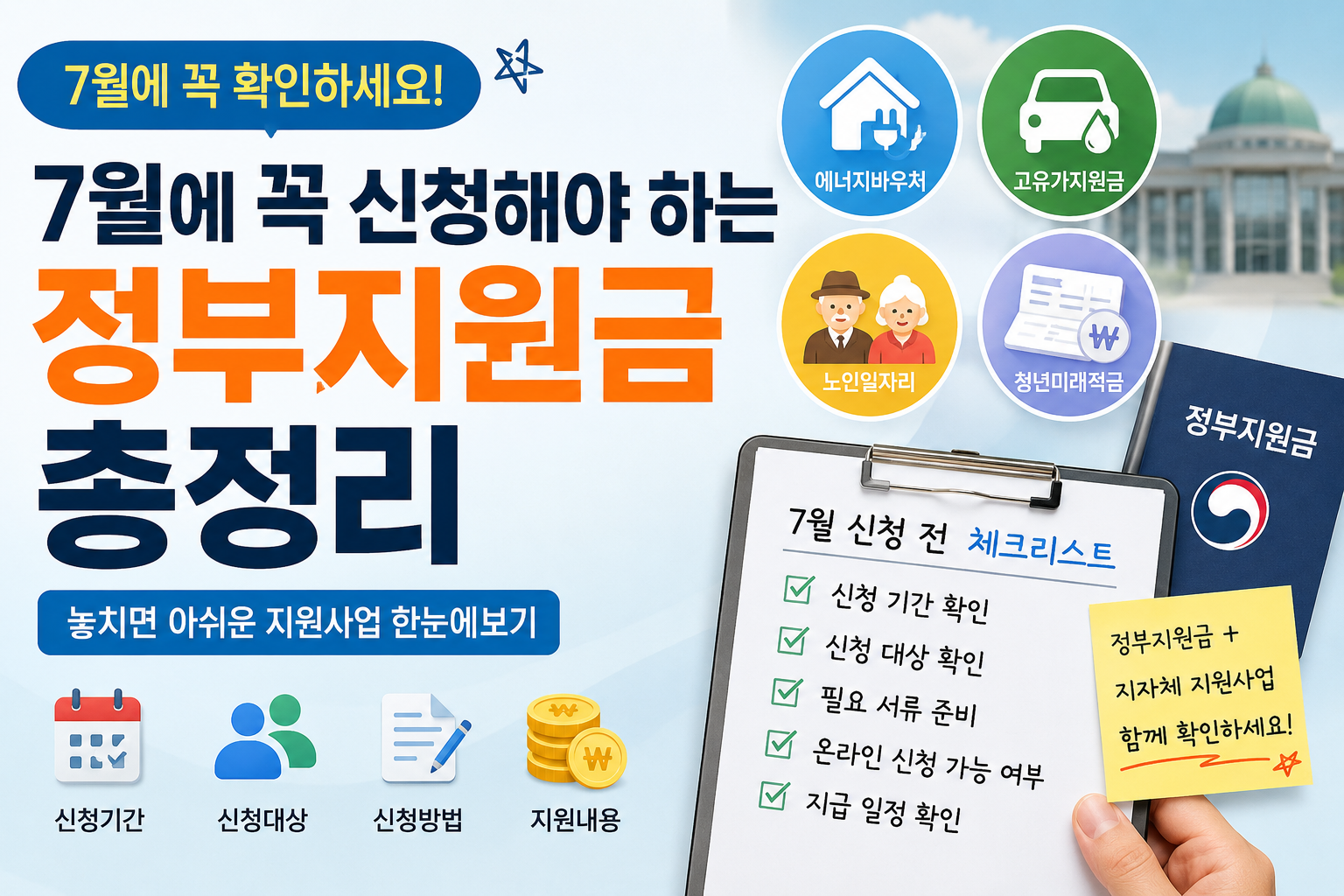 7월에 꼭 신청해야 하는 정부지원금과 에너지바우처, 고유가지원금, 노인일자리 등 주요 지원사업을 정리한 대표 이미지
